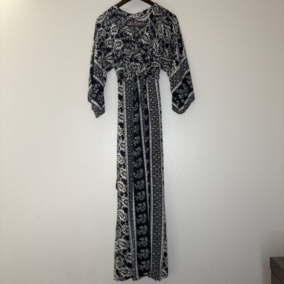 Boho Maxi Dress Entro Blue White Paisley Wide Sleeve Boho Maxi Dress | Medium - Picture 3 of 8